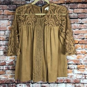 Camel suede and lace casual blouse top